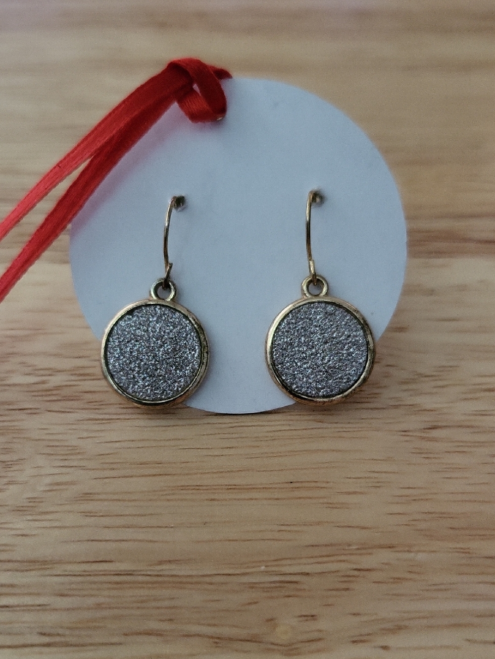 Gold Drop Earrings with Silver Glitter Disks - Women Jewelry